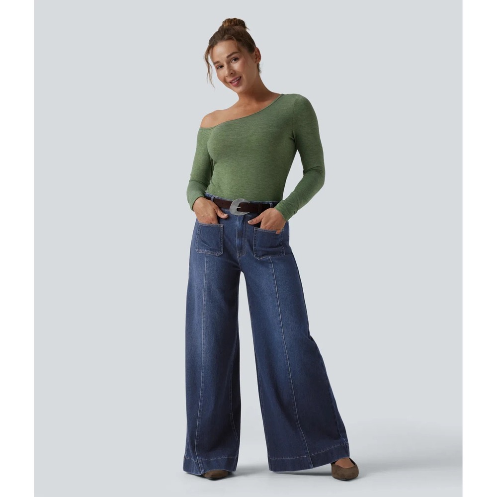 Halara Flex Denim High Waisted Pockets Washed Casual Wide Leg Jeans Med Reg
